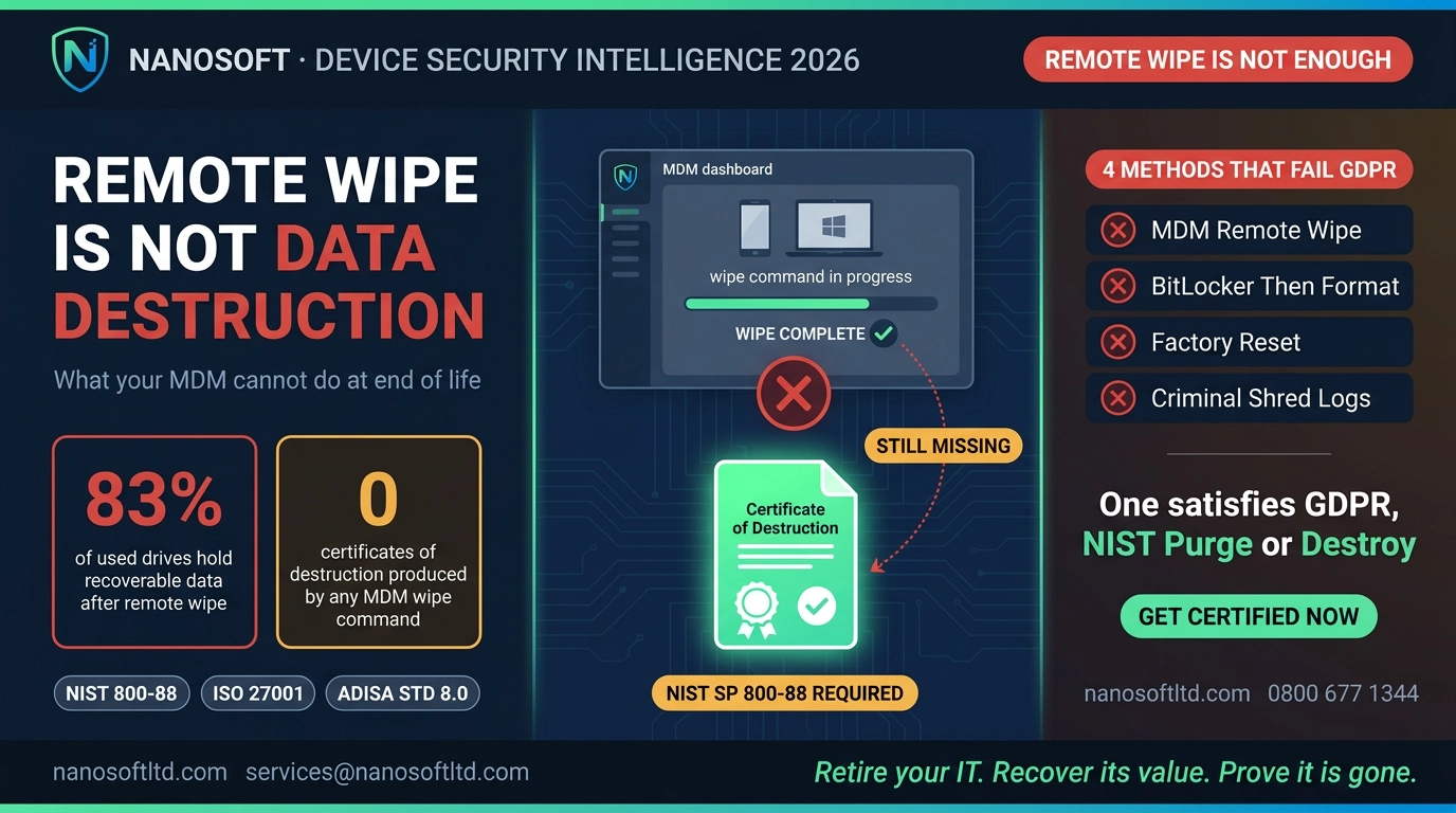 Remote Wipe Is Not Data Destruction: What Your MDM Cannot Do and What Happens to Devices After the Wipe