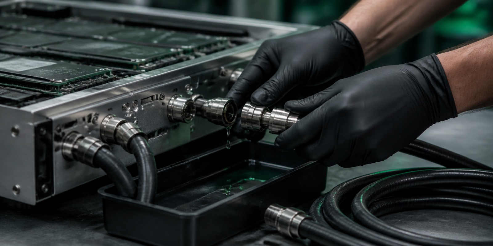Gloved hands disconnecting a quick-disconnect coolant fitting from a liquid-cooled server sled over a drip tray