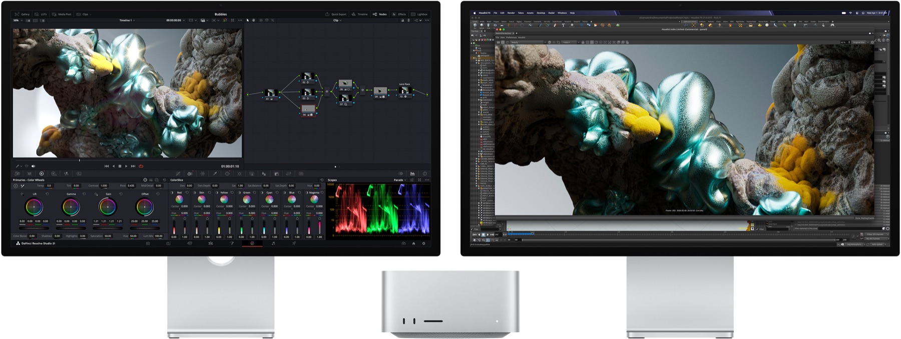 A Mac Studio flanked by two Studio Displays running colour grading and 3D animation software