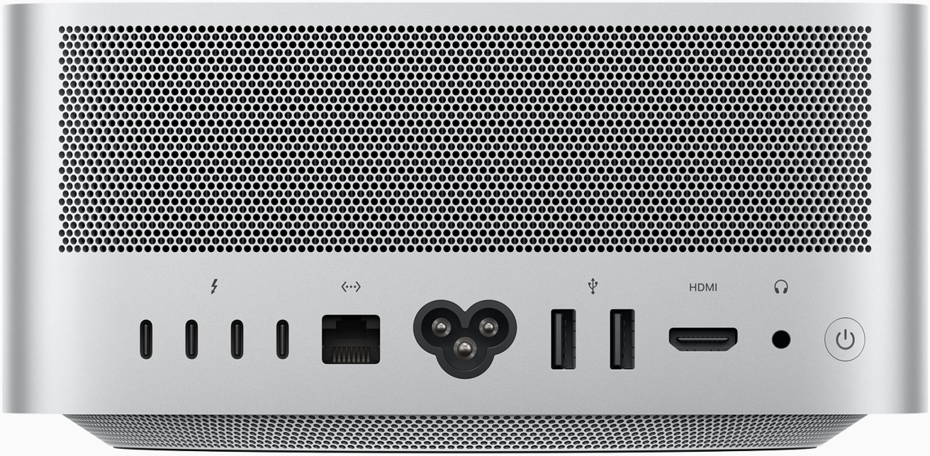 Rear panel of the Mac Studio showing four Thunderbolt ports, 10Gb Ethernet, two USB-A ports, HDMI and a headphone jack